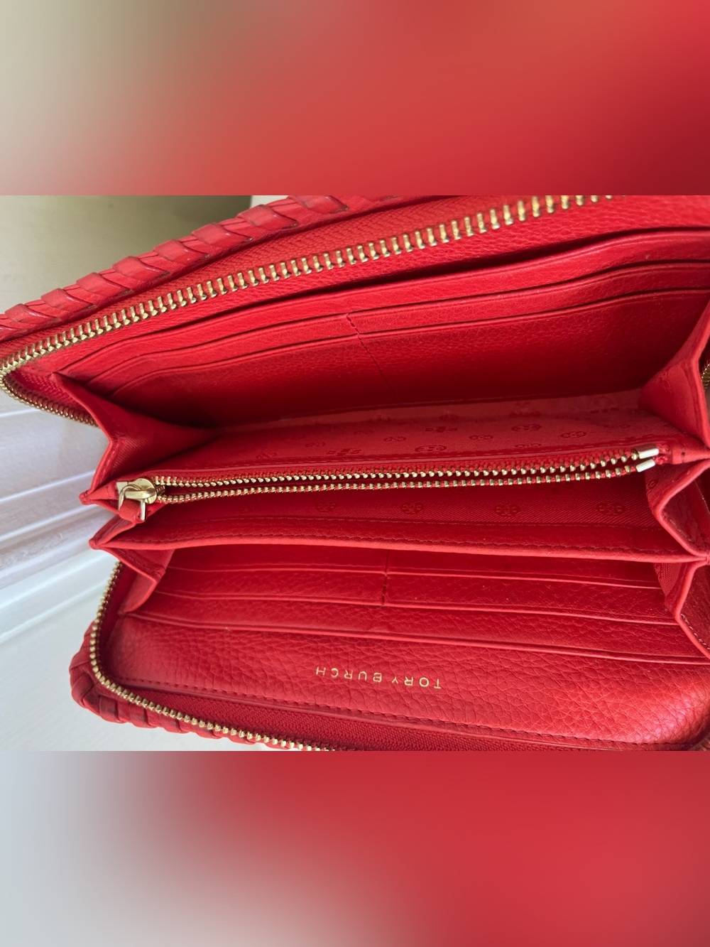 Tory Burch Red Leather Zip-Around Wallet with Whipstitch Trim - Picture 8 of 10